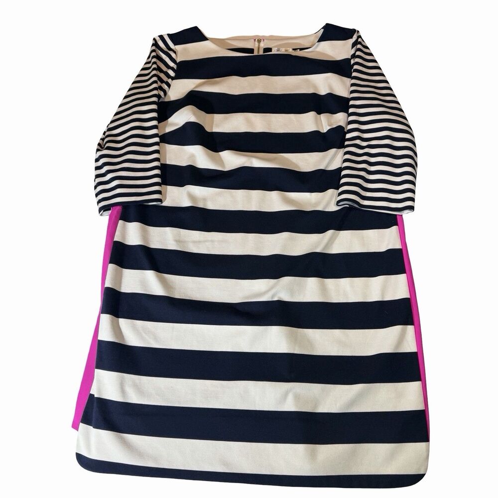Eliza J Dress Women's 22W Navy Blue & White Striped Pink Accent Knee Length Zip